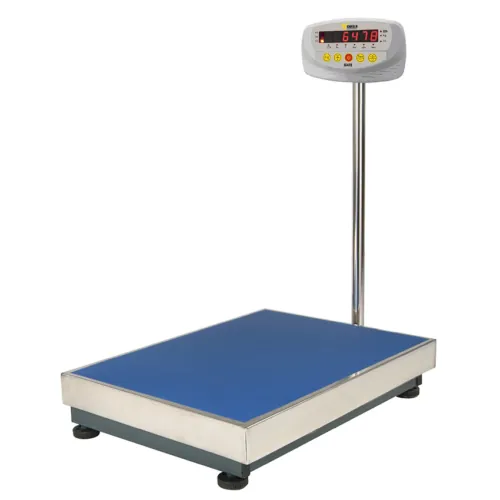 Bench scale with stainless steel pan and indicator on a column